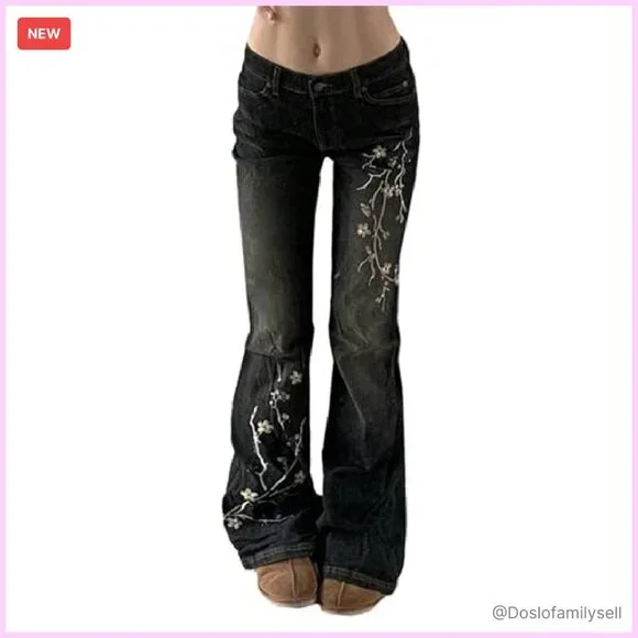 Stretchy Flare Jeans Mid Rise Embroidery Vintage Denim Y2K Retro - Picture 2 of 8